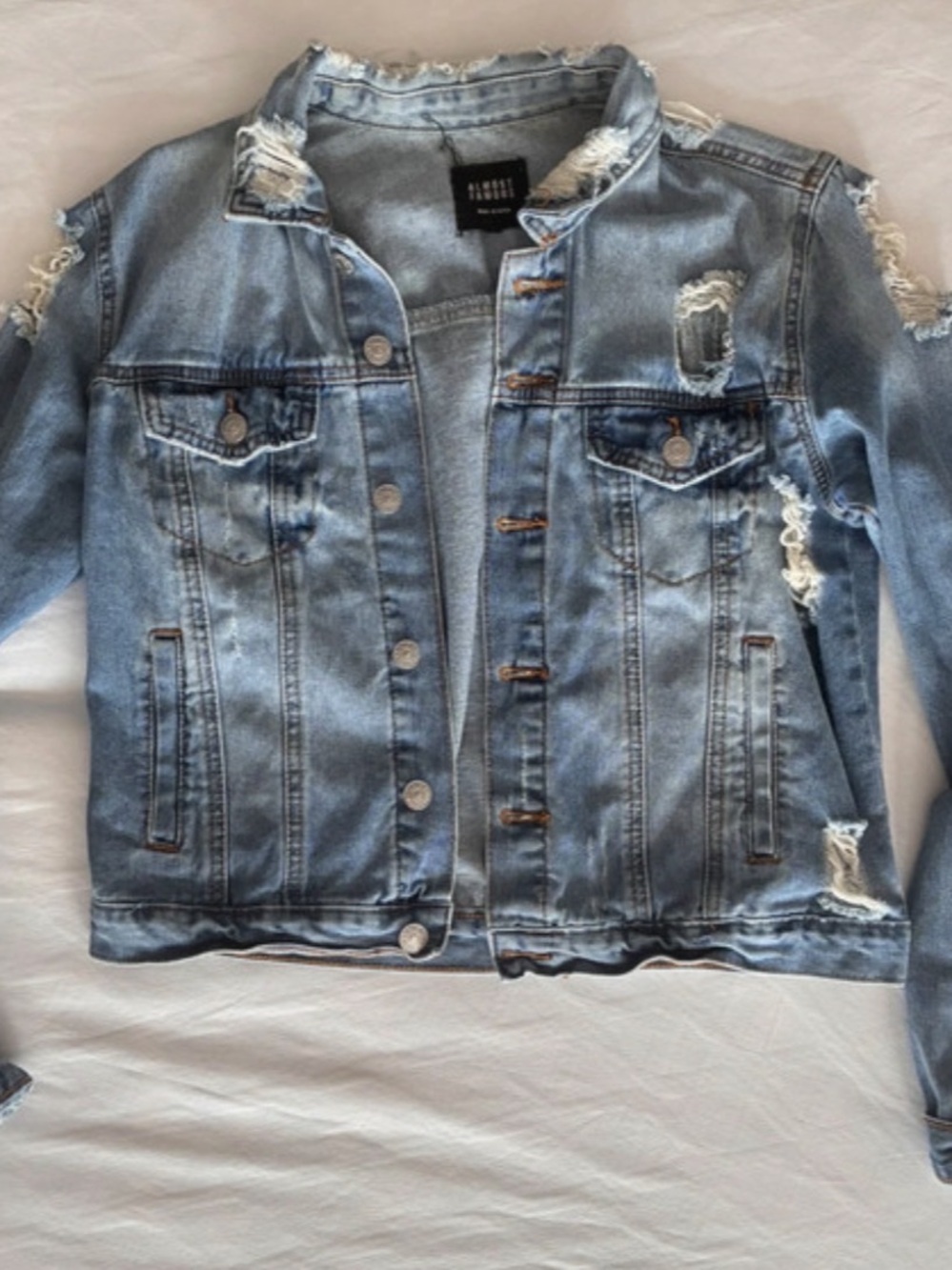Almost Famous Women's Distressed Denim Jacket in Blue Medium